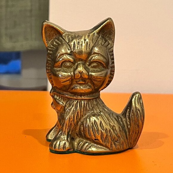 Vintage Brass Cat Figurine Sitting Kitten Ribbon - Picture 1 of 4